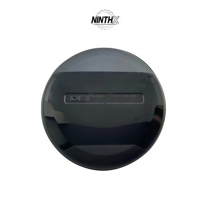 Gloss-black hard-shell spare tire cover, detail view