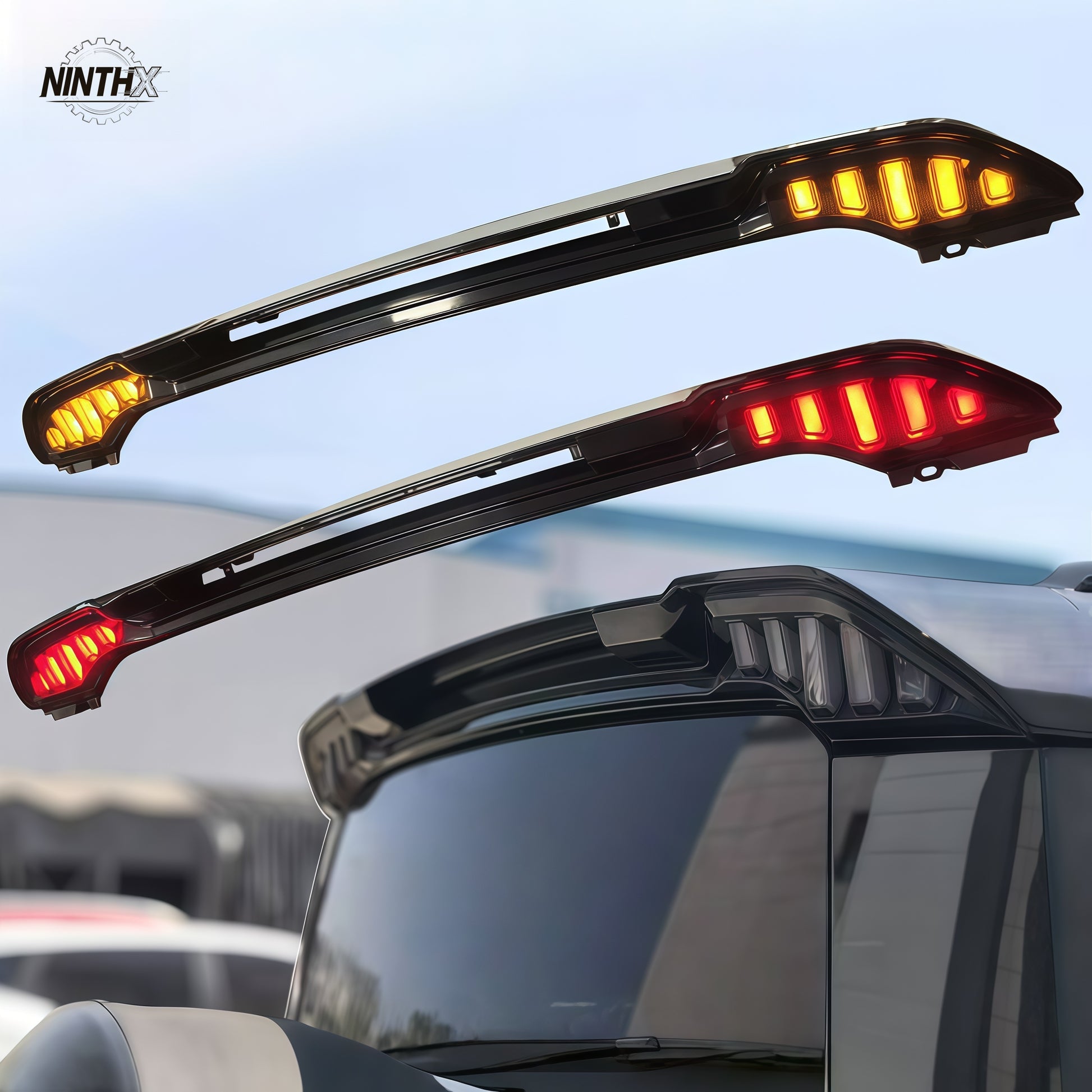 Dynamic start-up animation rear roof wing, front angle view