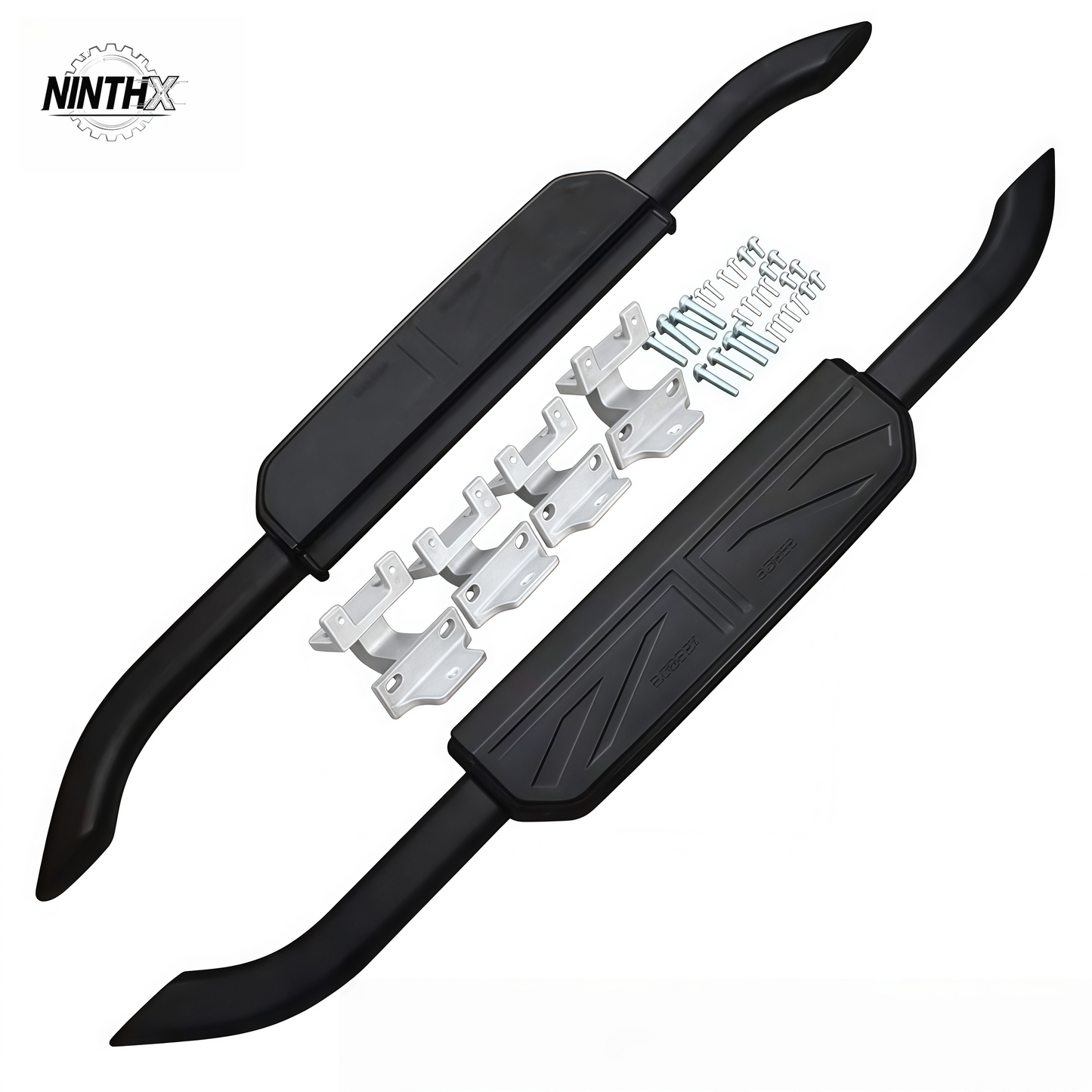 Anti-slip aluminum running boards, front angle view