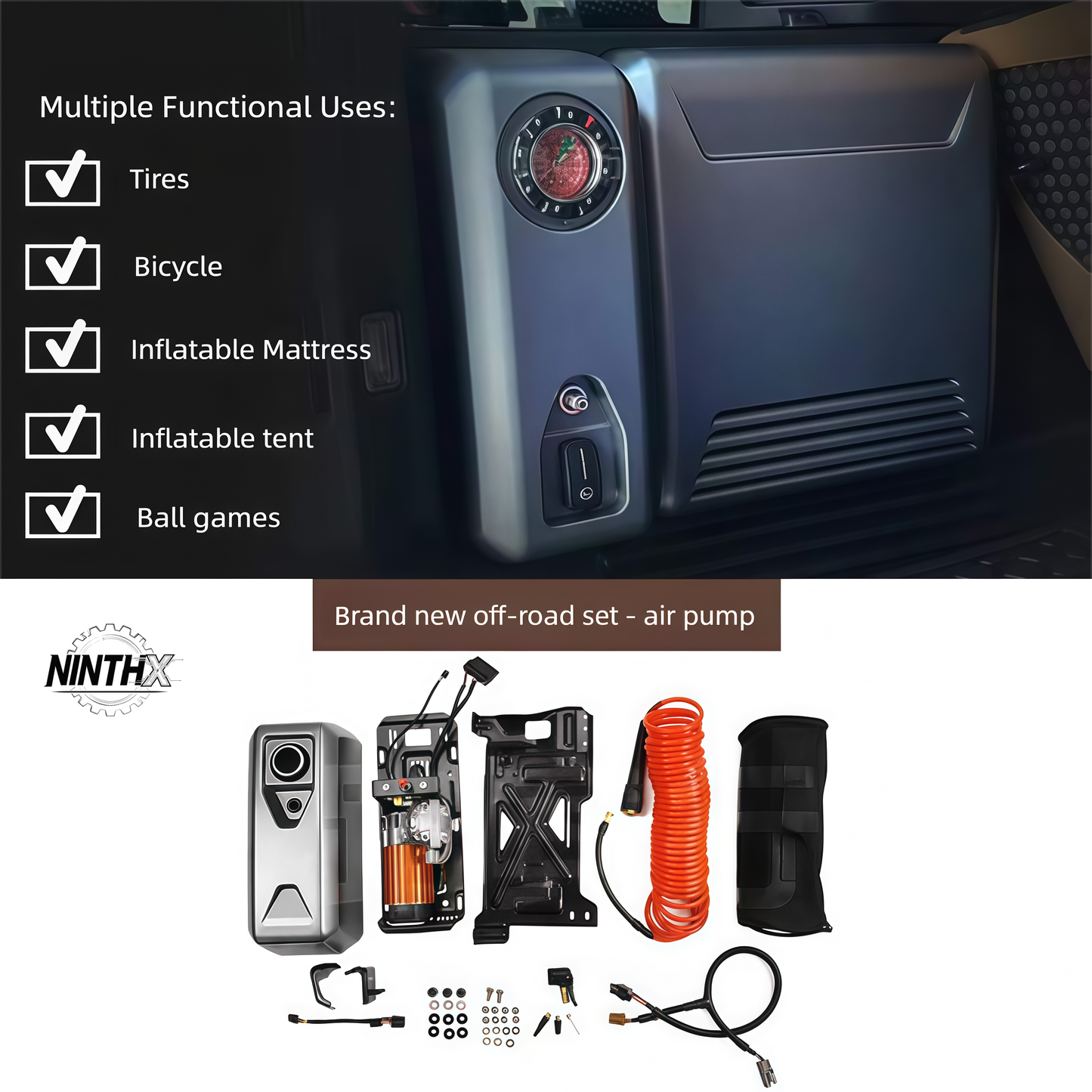 Off-road fast-inflation tire pump kit, side profile