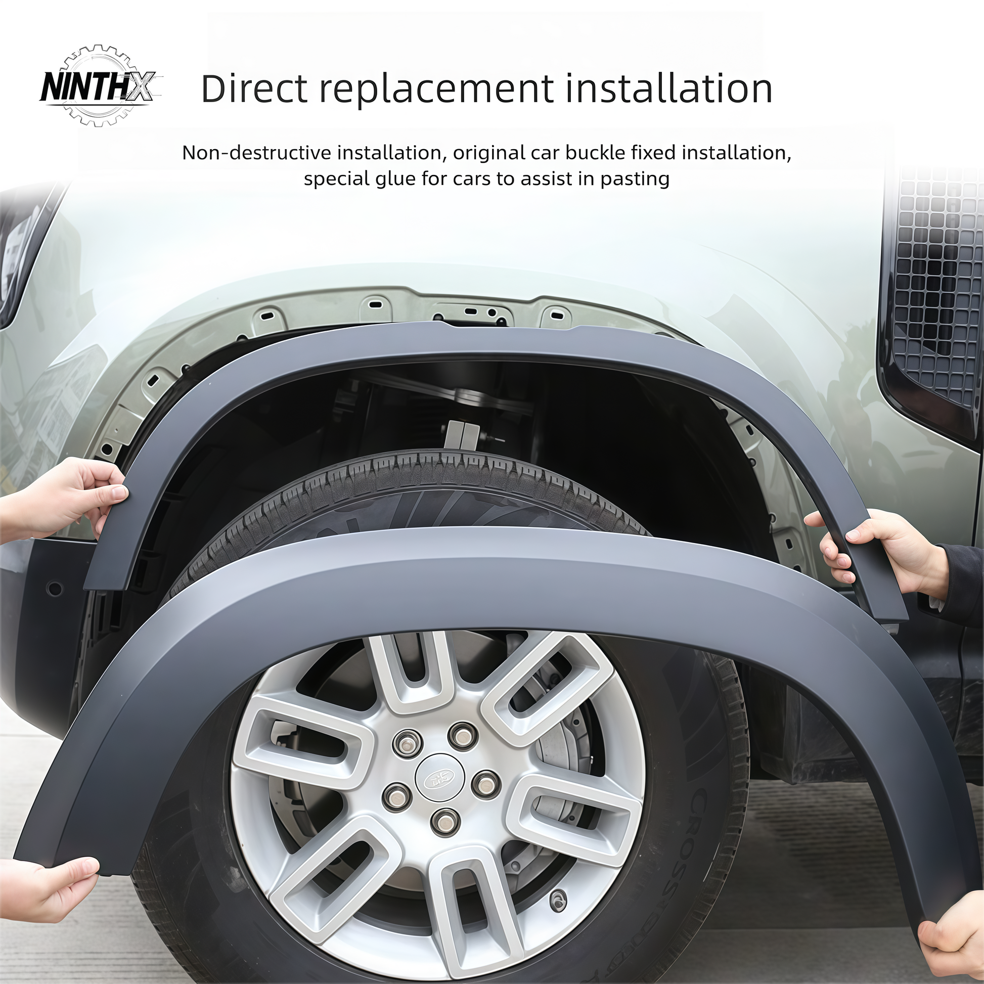 Painted-finish wide wheel arch extensions for Defender 90/110 L663, full kit view