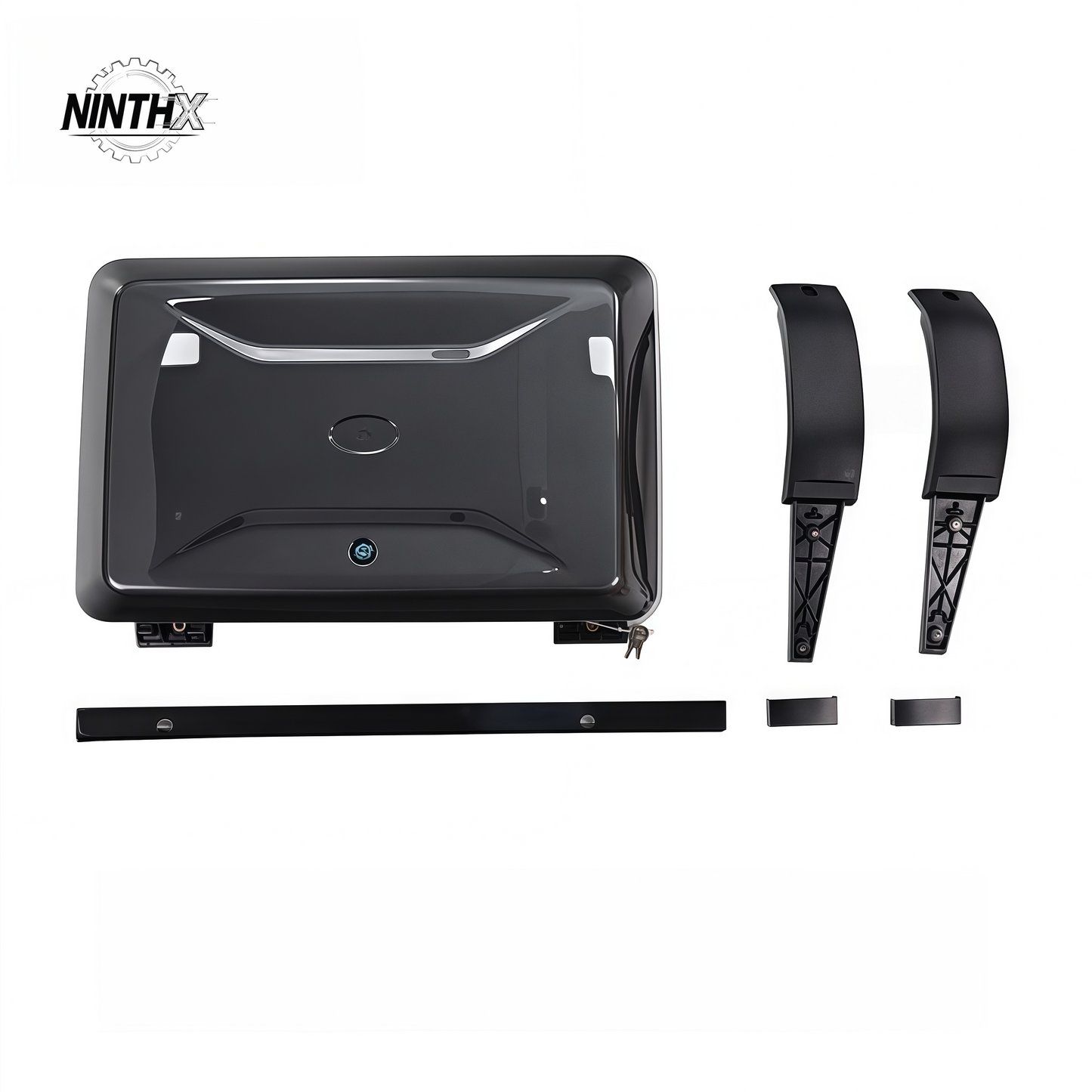 Lockable weatherproof exterior storage box, front angle view