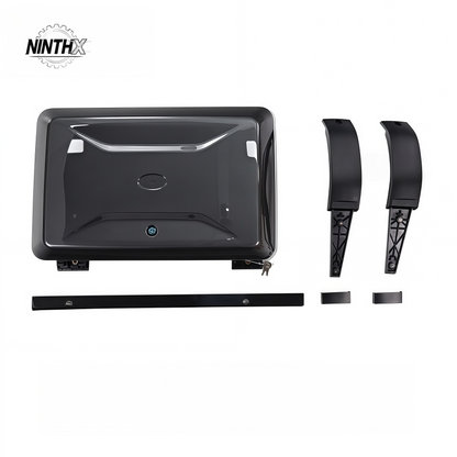Lockable weatherproof exterior storage box, front angle view