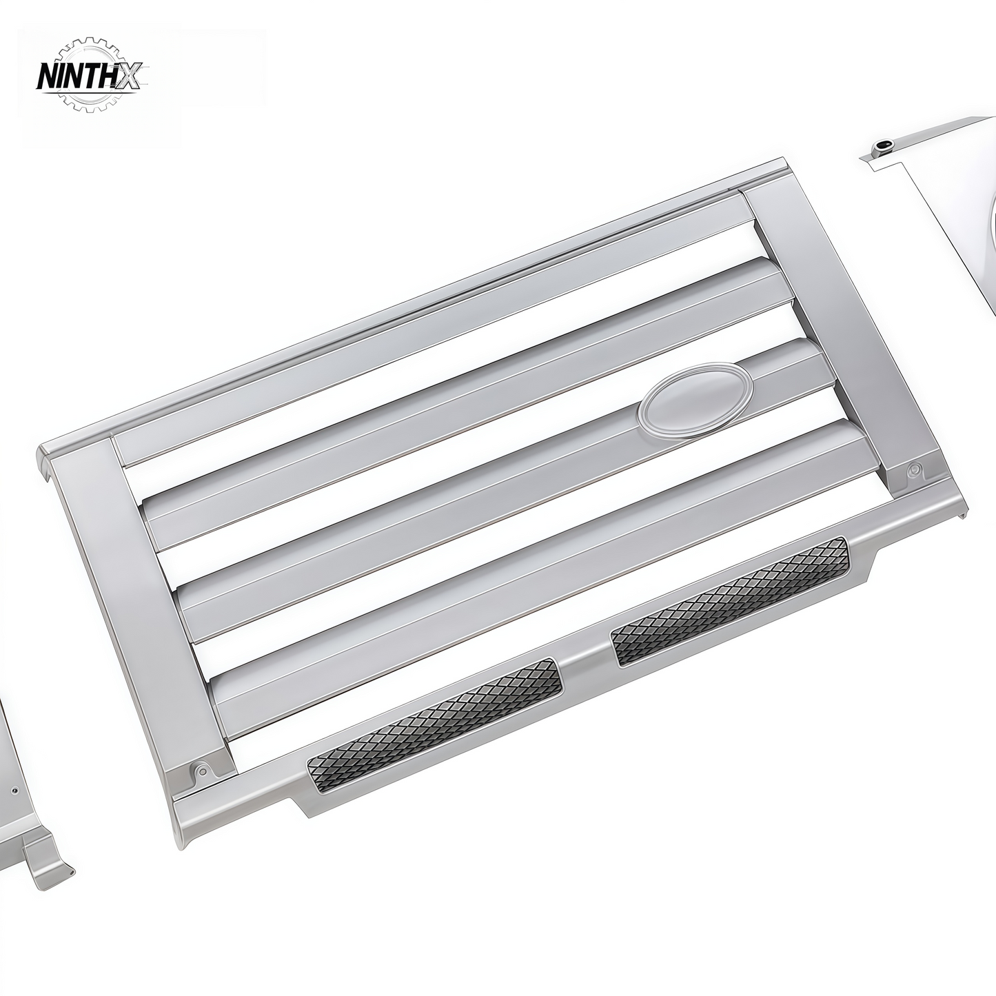 Gloss-black retro front grille bezel for Defender L316 90/110 2006-2016, full kit view