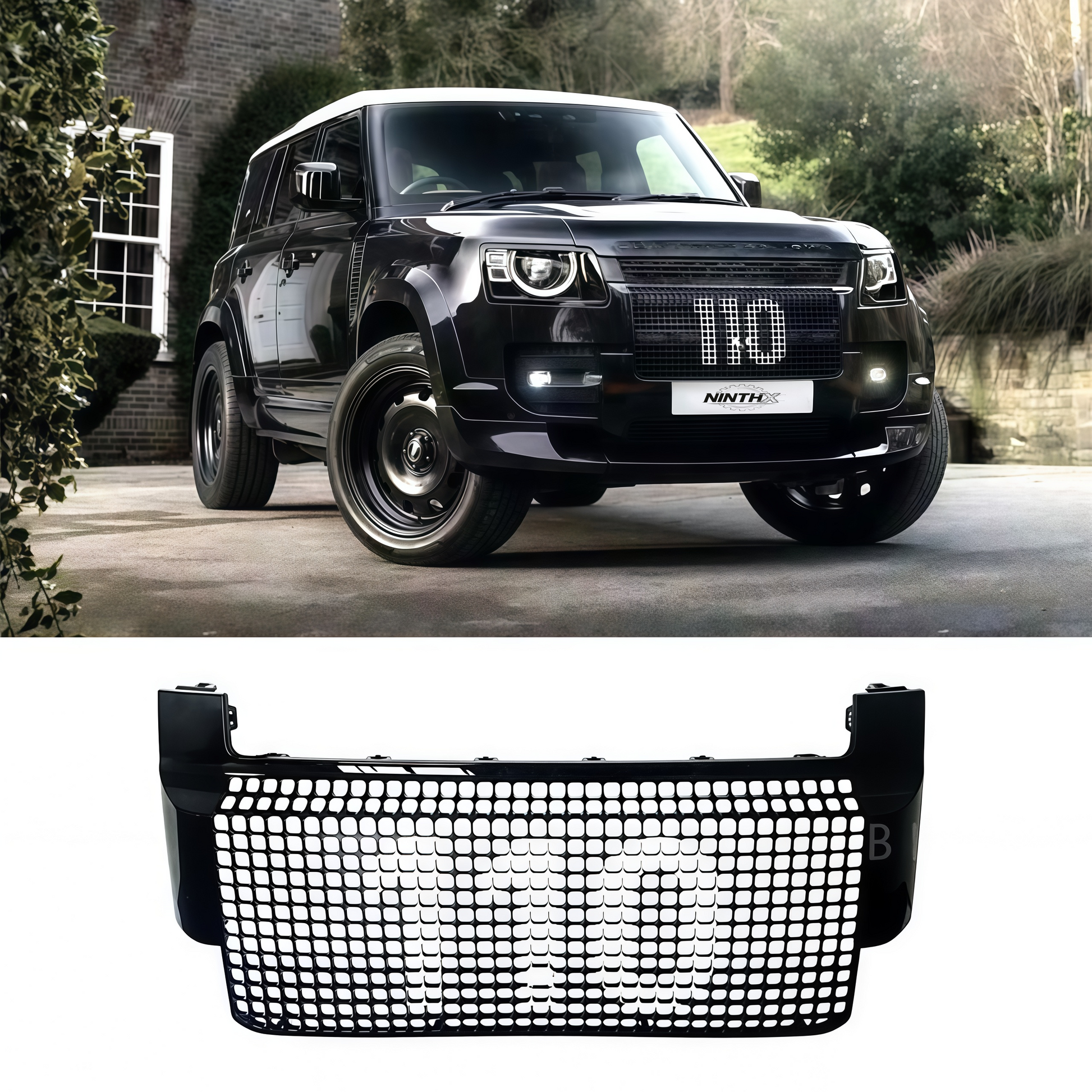 Gloss-black sport mesh radiator grille, front angle view