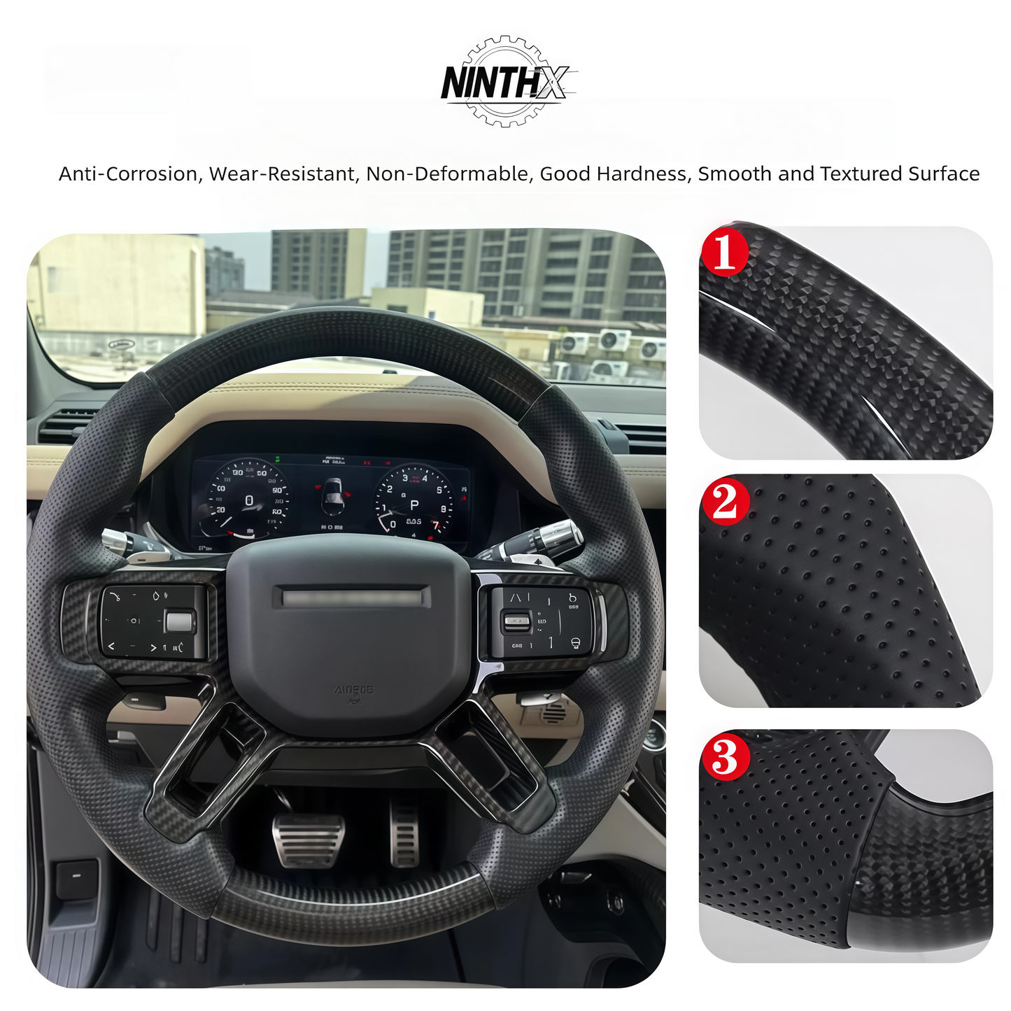 Custom flat-bottom carbon fiber steering wheel, detail view