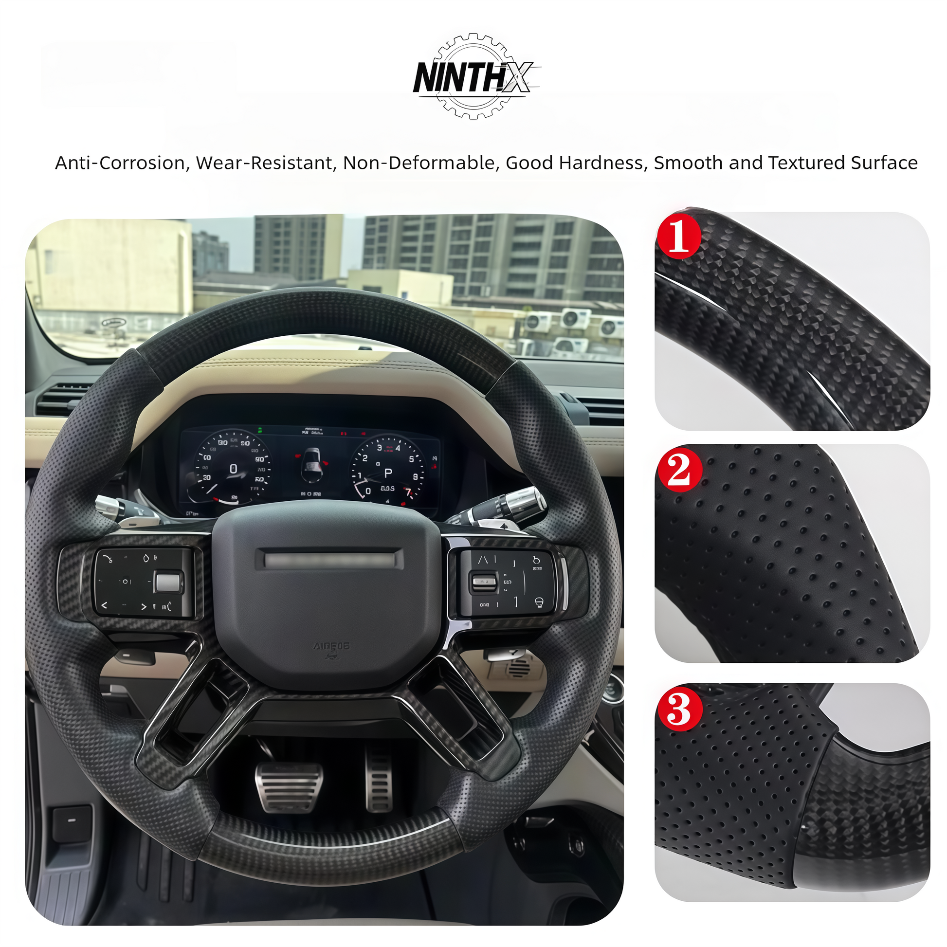 Custom flat-bottom carbon fiber steering wheel, detail view