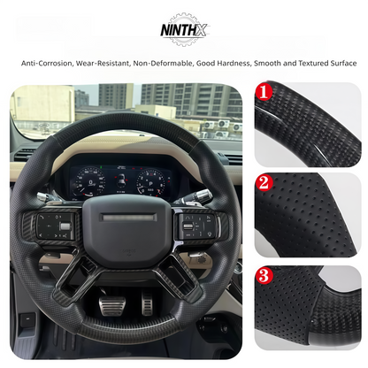 Custom flat-bottom carbon fiber steering wheel, detail view