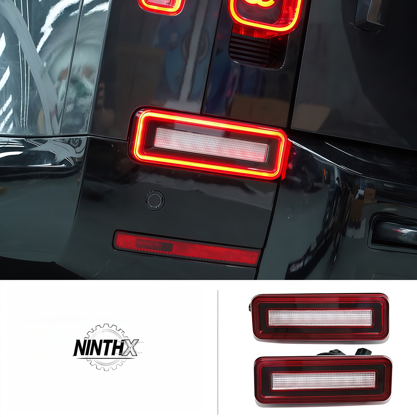 High-intensity rear bumper reflector light installed on Defender L663 90/110/130, close-up