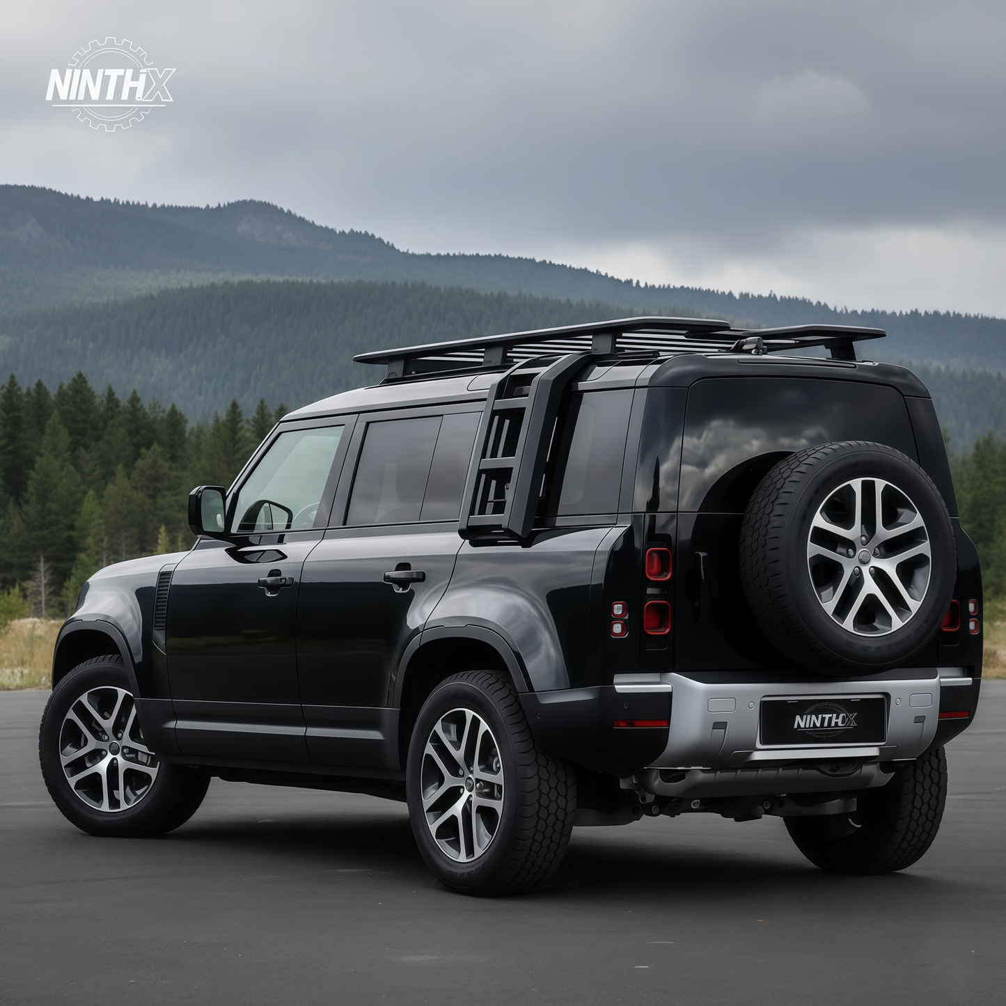 Foldable side-mount roof rack ladder for Defender L663 90/110/130, installed view