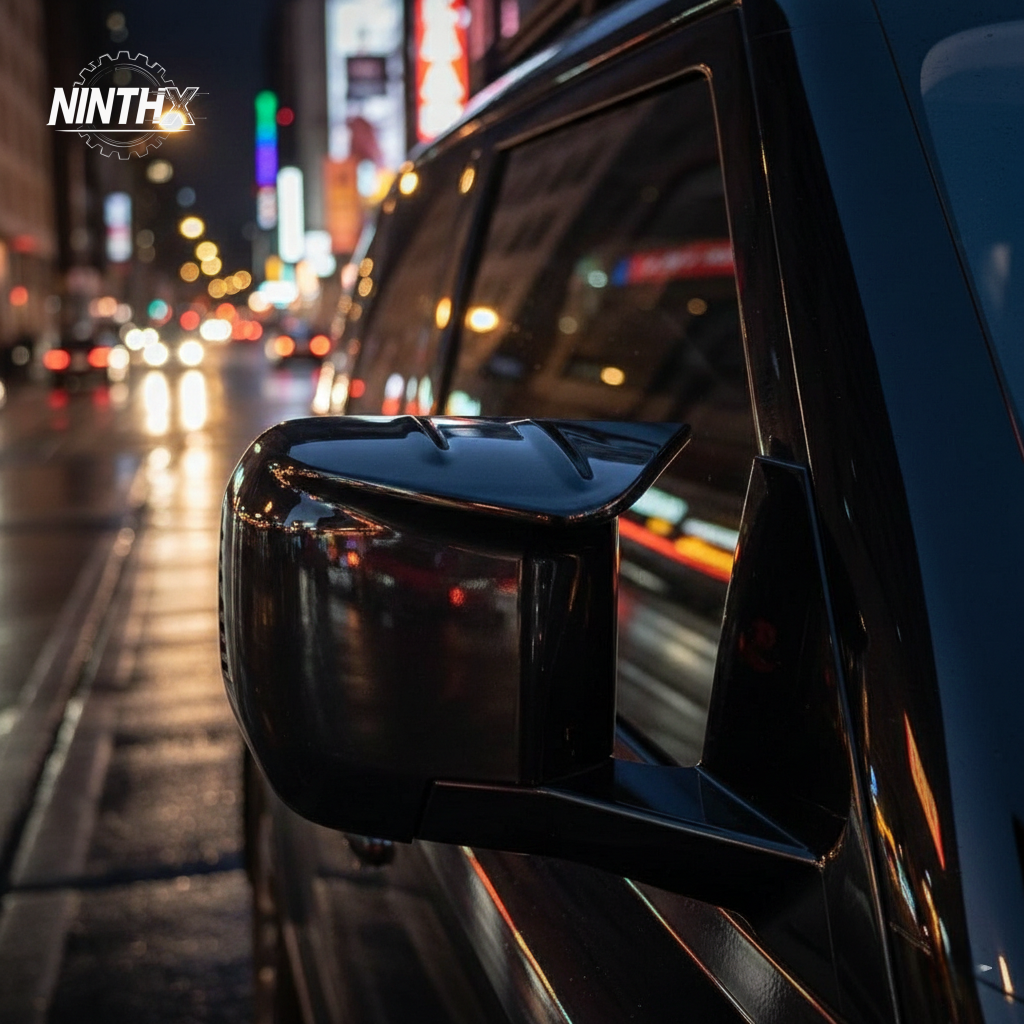 Gloss-black horn-style wing mirror caps for Defender L663 90/110/130, installed view