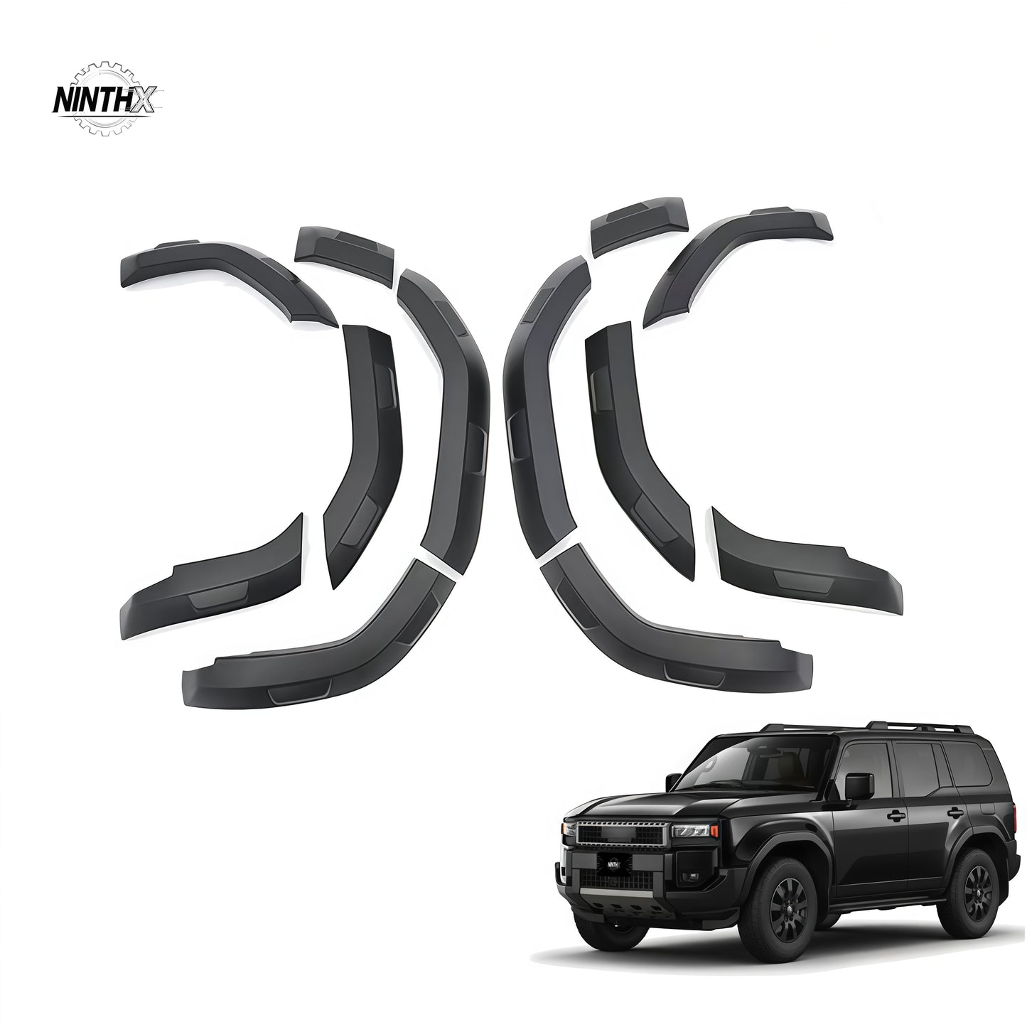 Matte black textured ten-piece wide fender flare set shown with a black Land Cruiser Prado LC250