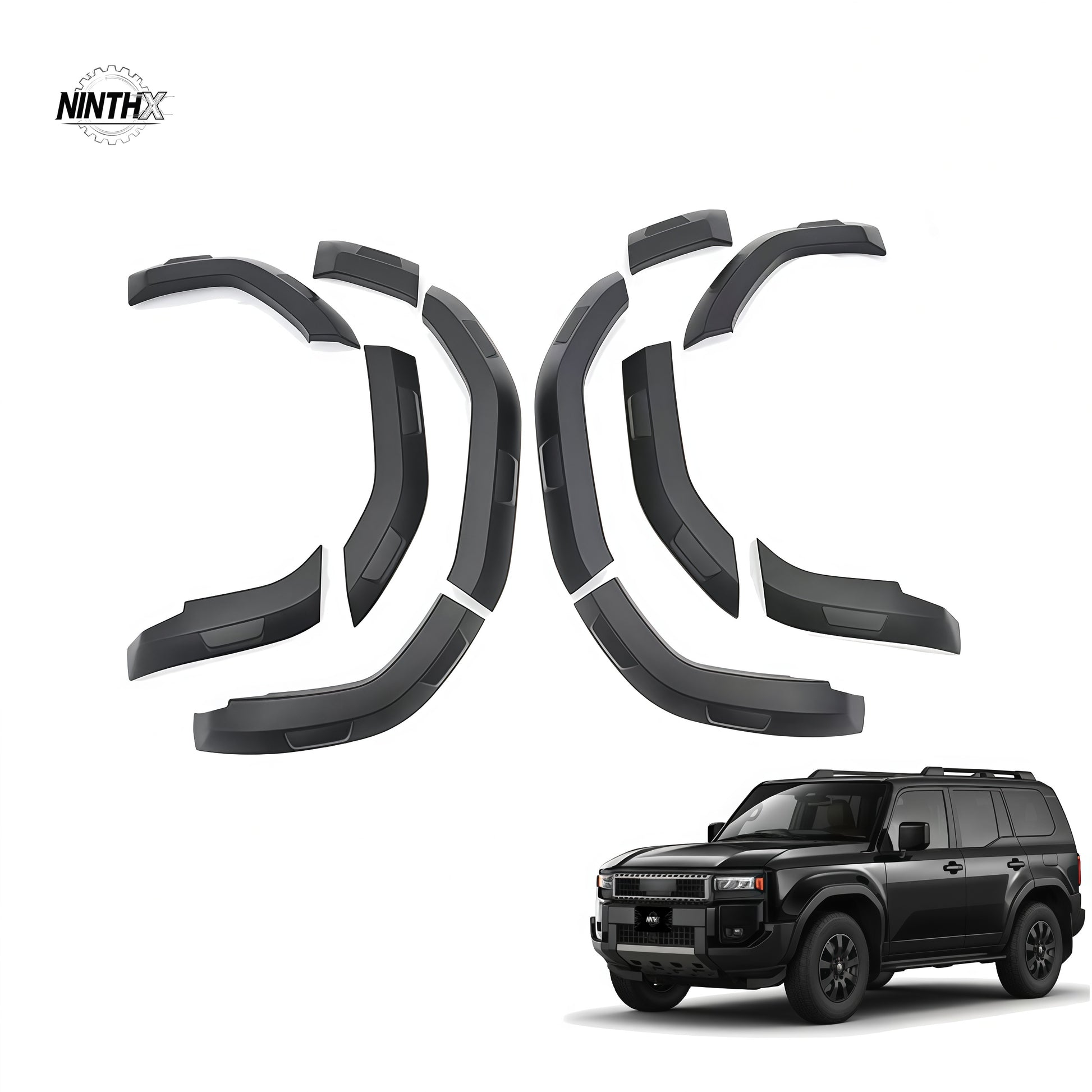 Matte black textured ten-piece wide fender flare set shown with a black Land Cruiser Prado LC250