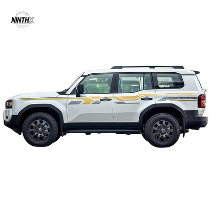 Gold side stripe decal graphics shown on a white Land Cruiser Prado LC250