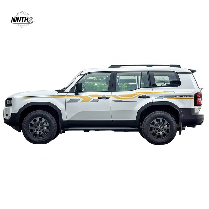 Gold side stripe decal graphics shown on a white Land Cruiser Prado LC250