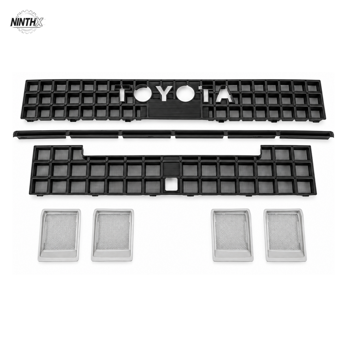 Matte black front grille bug screen kit for Toyota Land Cruiser Prado LC250, showing all seven pieces on white.