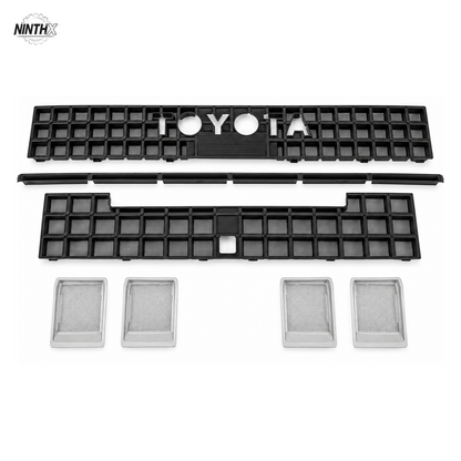 Matte black front grille bug screen kit for Toyota Land Cruiser Prado LC250, showing all seven pieces on white.