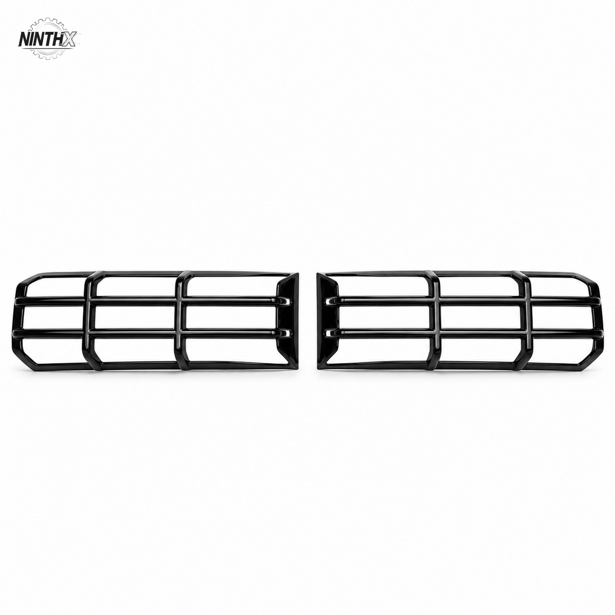 Gloss black front headlight guard covers for Toyota Land Cruiser Prado LC250, shown as a complete left and right set.