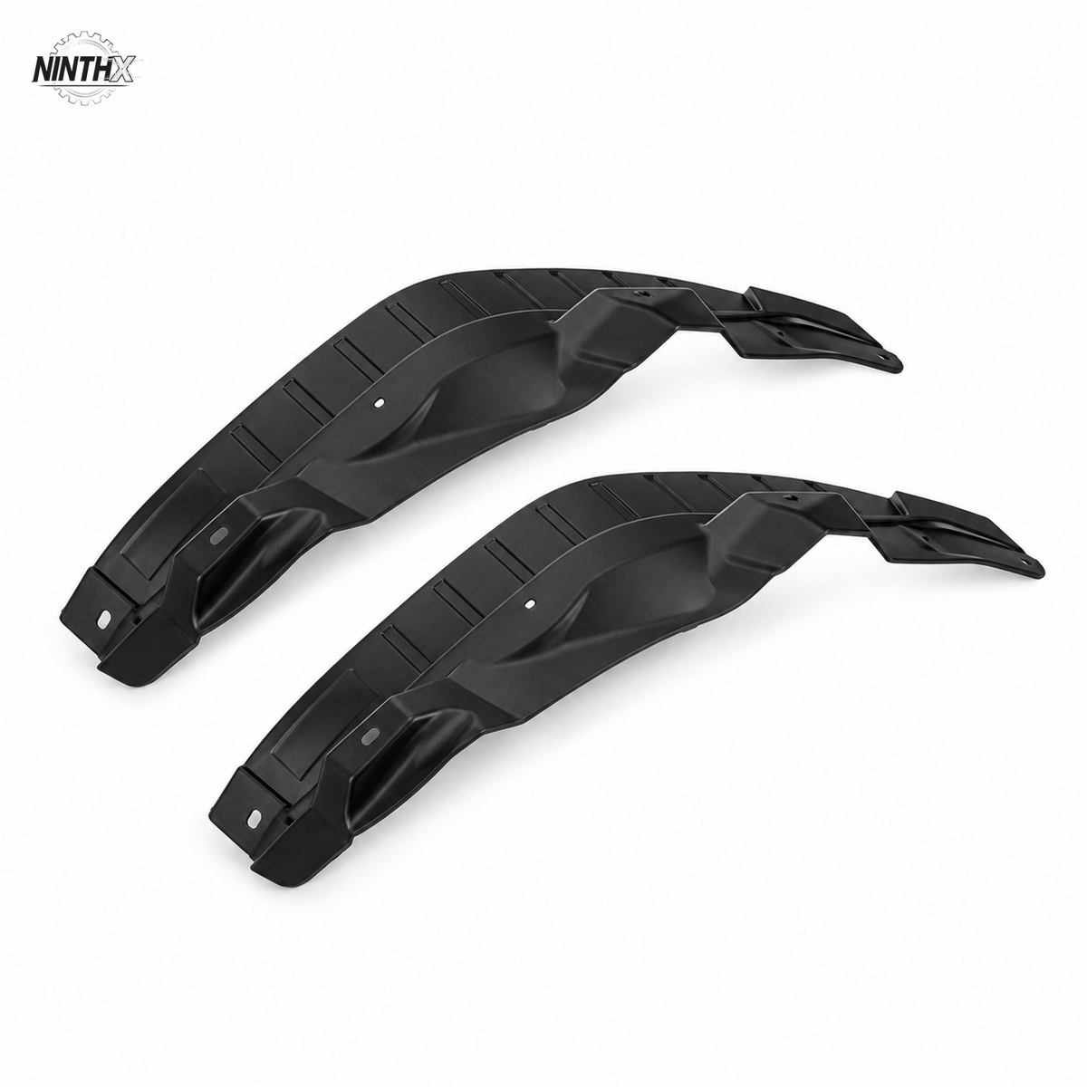 Matte black rear door inner wheel arch mud guards for Prado LC250, shown as a left and right pair on white.