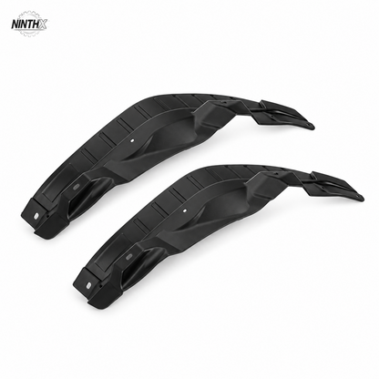 Matte black rear door inner wheel arch mud guards for Prado LC250, shown as a left and right pair on white.