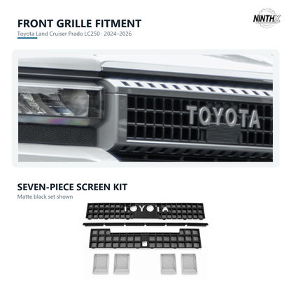 Prado LC250 front grille with matte black bug screen fitted, paired with the seven-piece kit below.