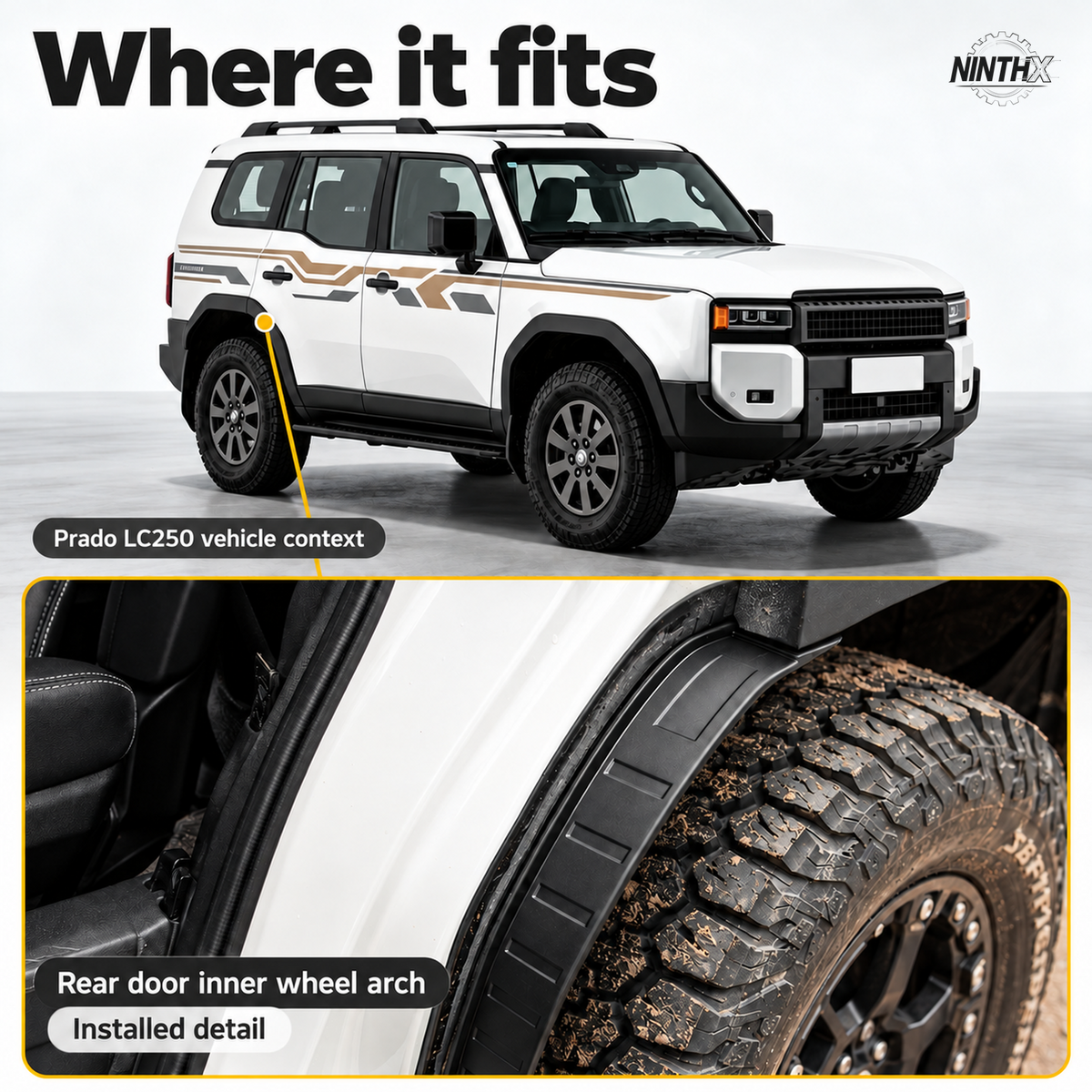 Prado LC250 vehicle context linked to a separate installed close-up of the rear door inner wheel arch mud guard.