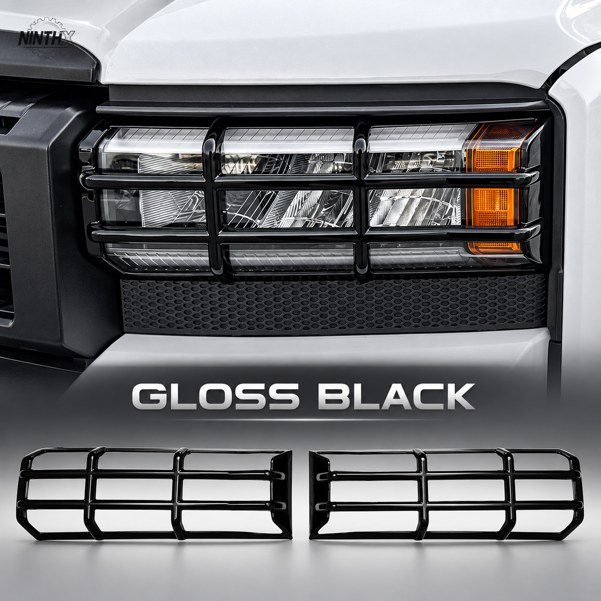 Gloss black Prado LC250 headlight guard covers with matching installed view and complete two-piece set.