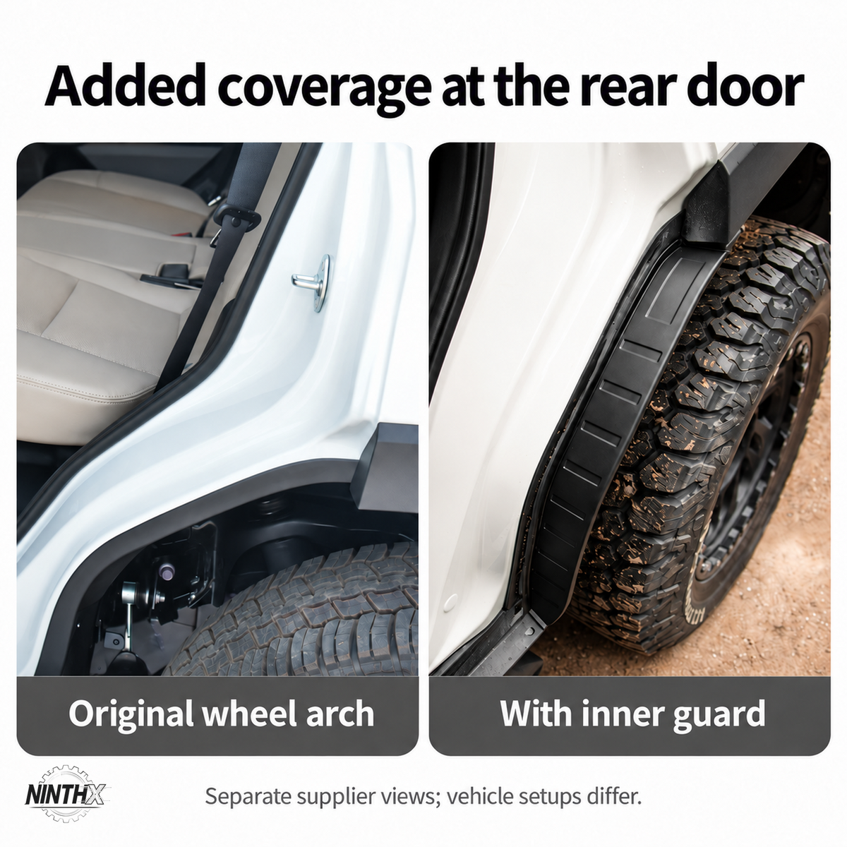 Separate supplier views of a Prado LC250 original rear door wheel arch and one fitted with an inner mud guard.