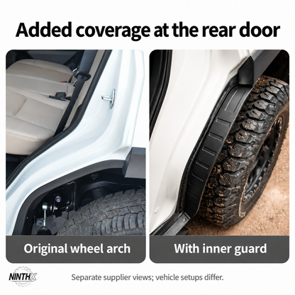 Separate supplier views of a Prado LC250 original rear door wheel arch and one fitted with an inner mud guard.