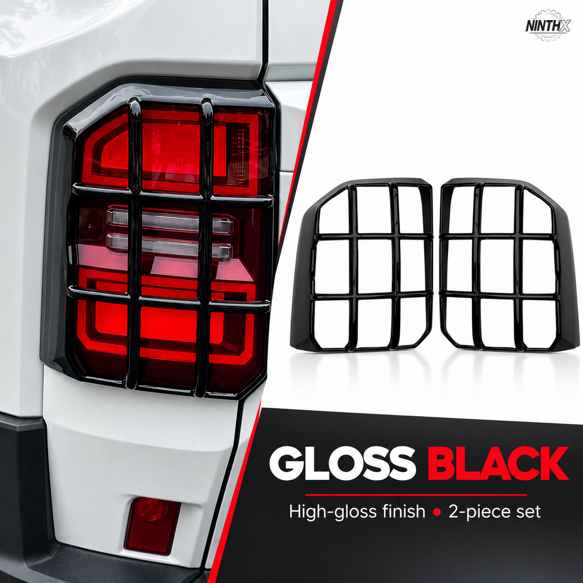 Gloss black Prado LC250 tail light guards shown fitted and as a matching two-piece set.