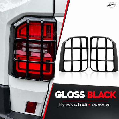 Gloss black Prado LC250 tail light guards shown fitted and as a matching two-piece set.