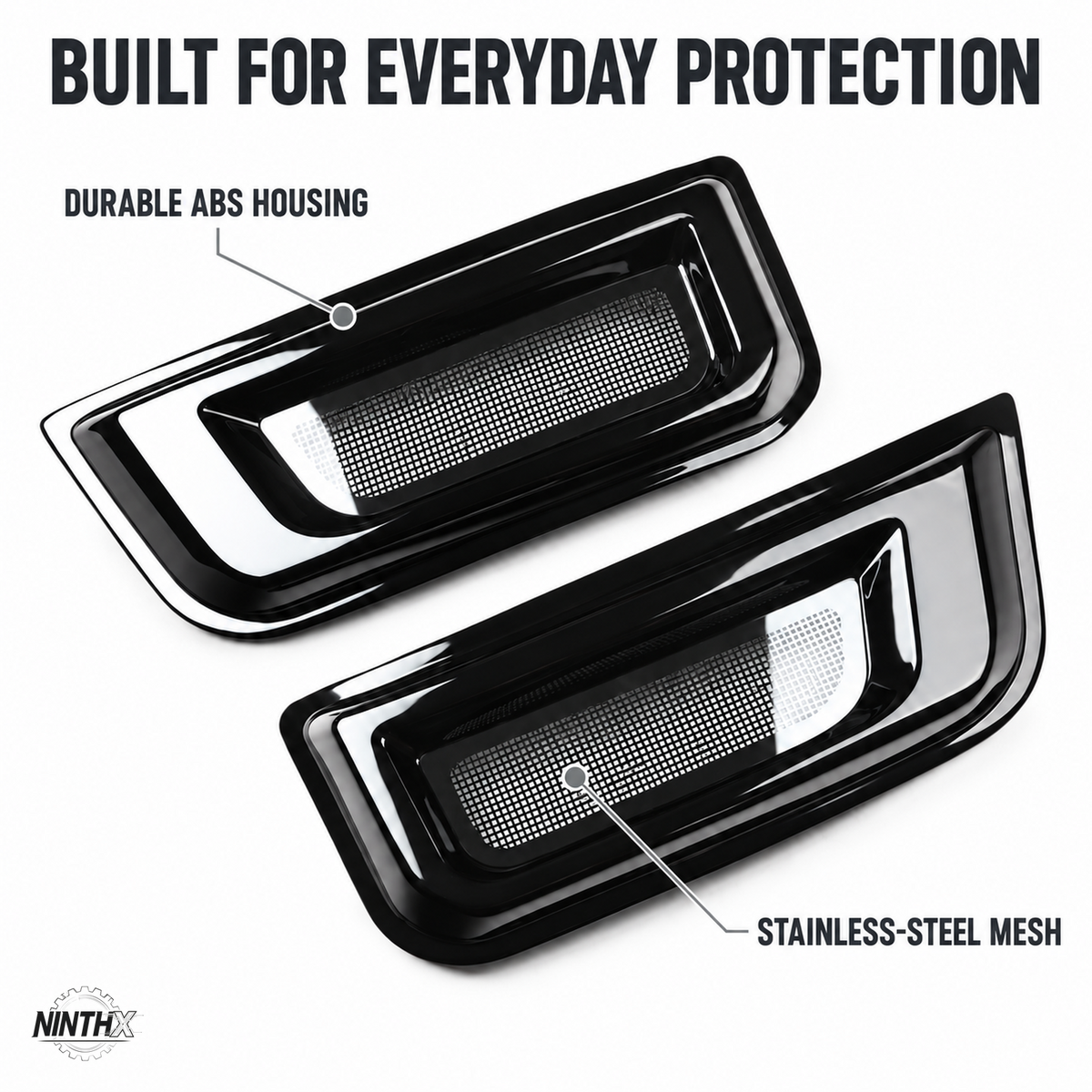 Defender L663 fender air intake bug screen covers with callouts identifying the ABS housings and stainless-steel mesh.