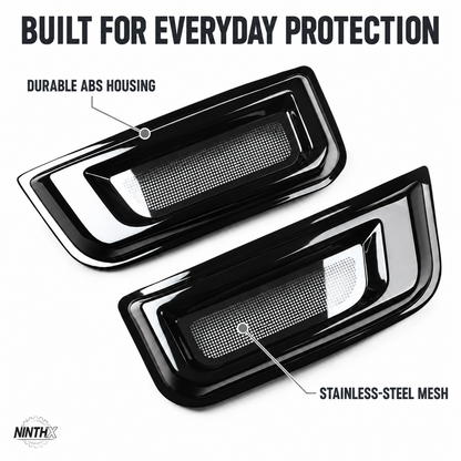 Defender L663 fender air intake bug screen covers with callouts identifying the ABS housings and stainless-steel mesh.