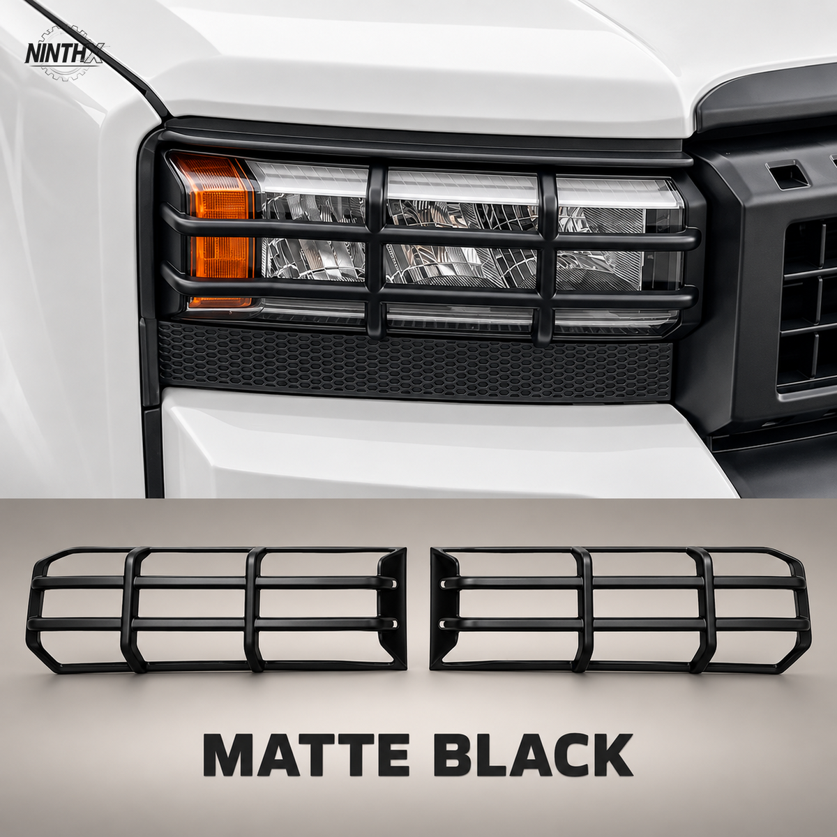 Matte black Prado LC250 headlight guard covers with matching installed view and complete two-piece set.