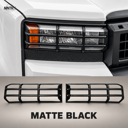 Matte black Prado LC250 headlight guard covers with matching installed view and complete two-piece set.