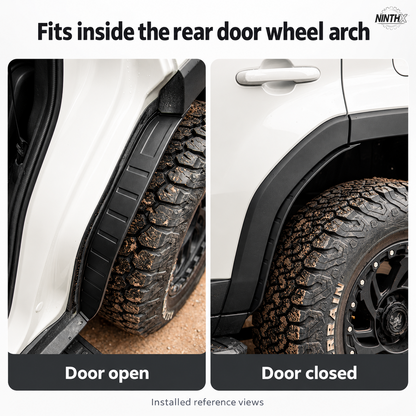 Prado LC250 rear door inner wheel arch mud guard in separate installed views with the door open and closed.