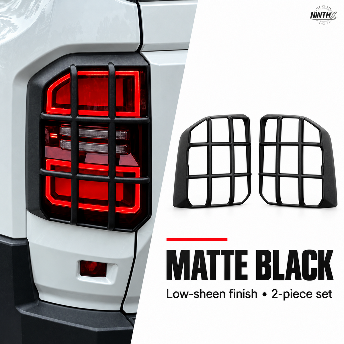 Matte black Prado LC250 tail light guards shown fitted and as a matching two-piece set.