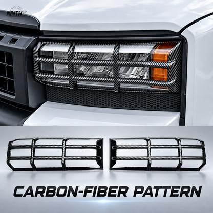 Carbon-fiber-pattern Prado LC250 headlight guards with matching installed view and complete left and right pair.