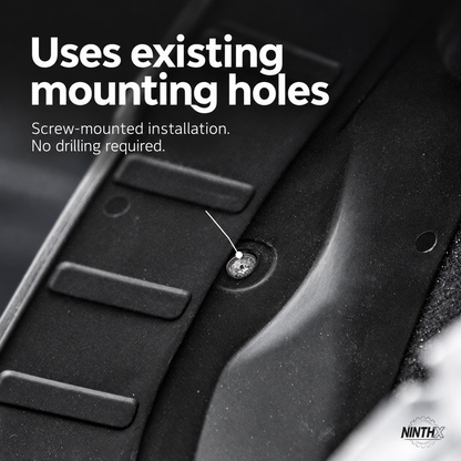 Close-up of the existing screw mounting point on a Prado LC250 rear door inner wheel arch mud guard.
