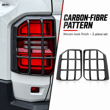 Carbon-fiber-pattern Prado LC250 tail light guards shown fitted and as a matching two-piece set.