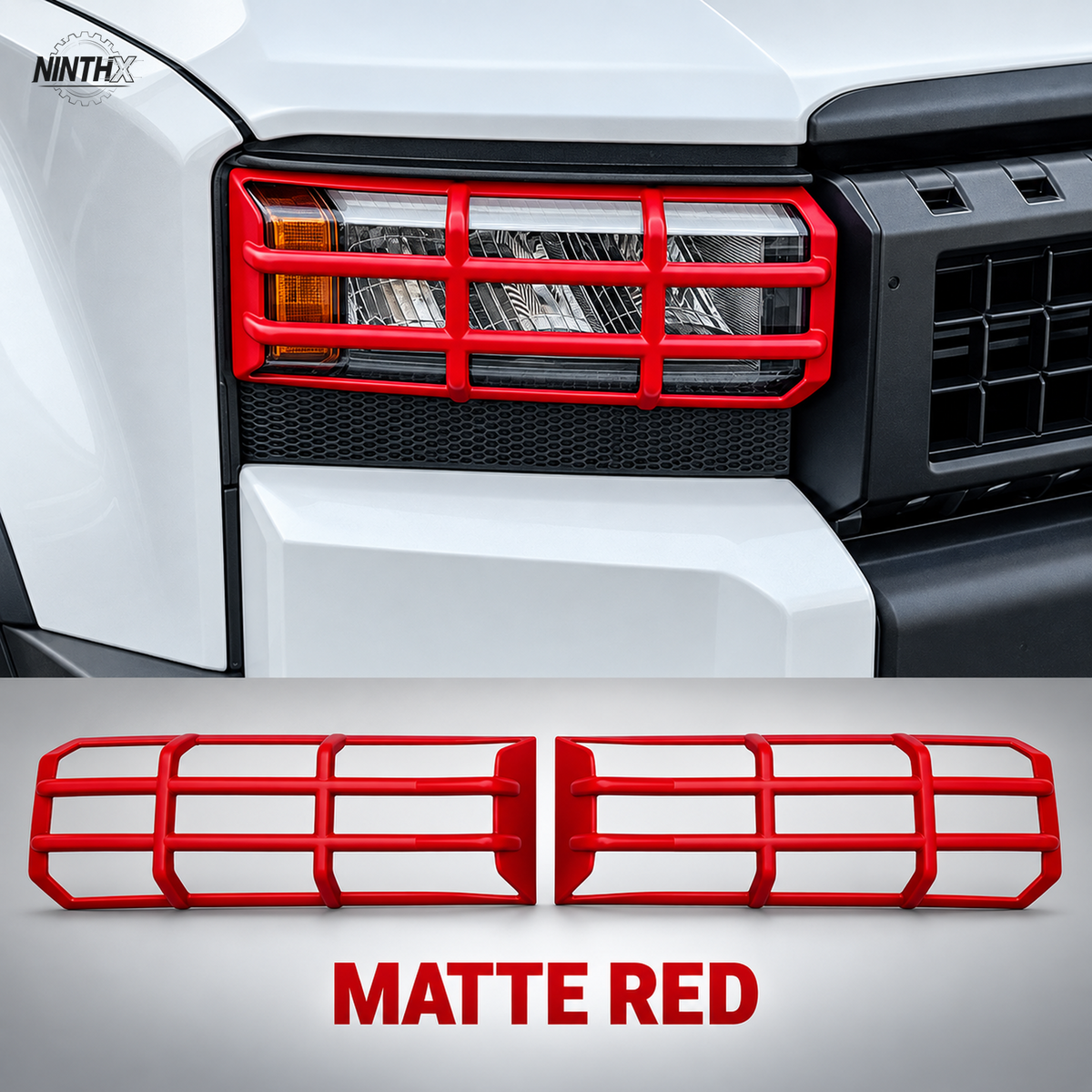 Matte red Prado LC250 headlight guard covers with matching installed view and complete two-piece set.