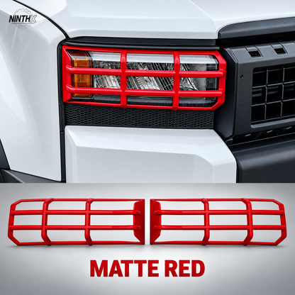 Matte red Prado LC250 headlight guard covers with matching installed view and complete two-piece set.