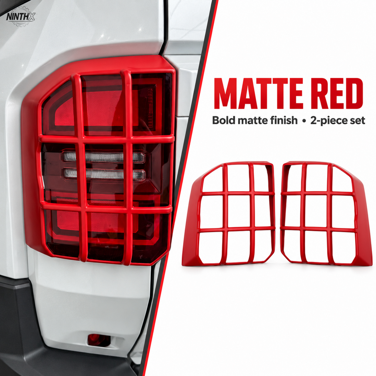 Matte red Prado LC250 tail light guards shown fitted and as a matching two-piece set.