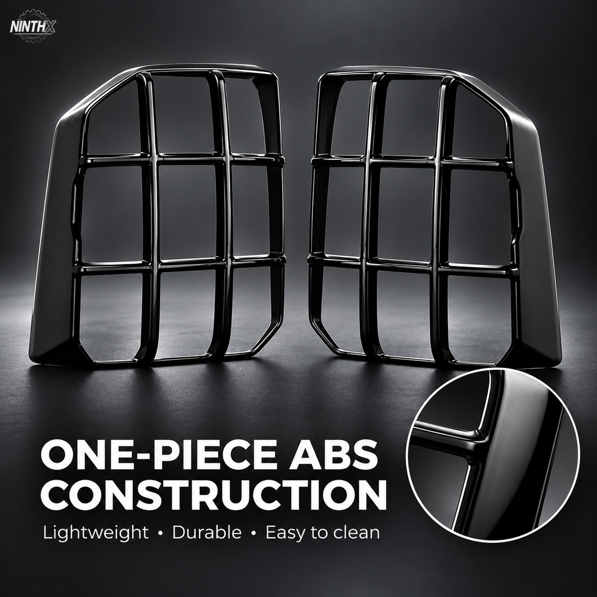 Gloss black ABS Prado LC250 tail light guard pair with a close-up of the molded surface.