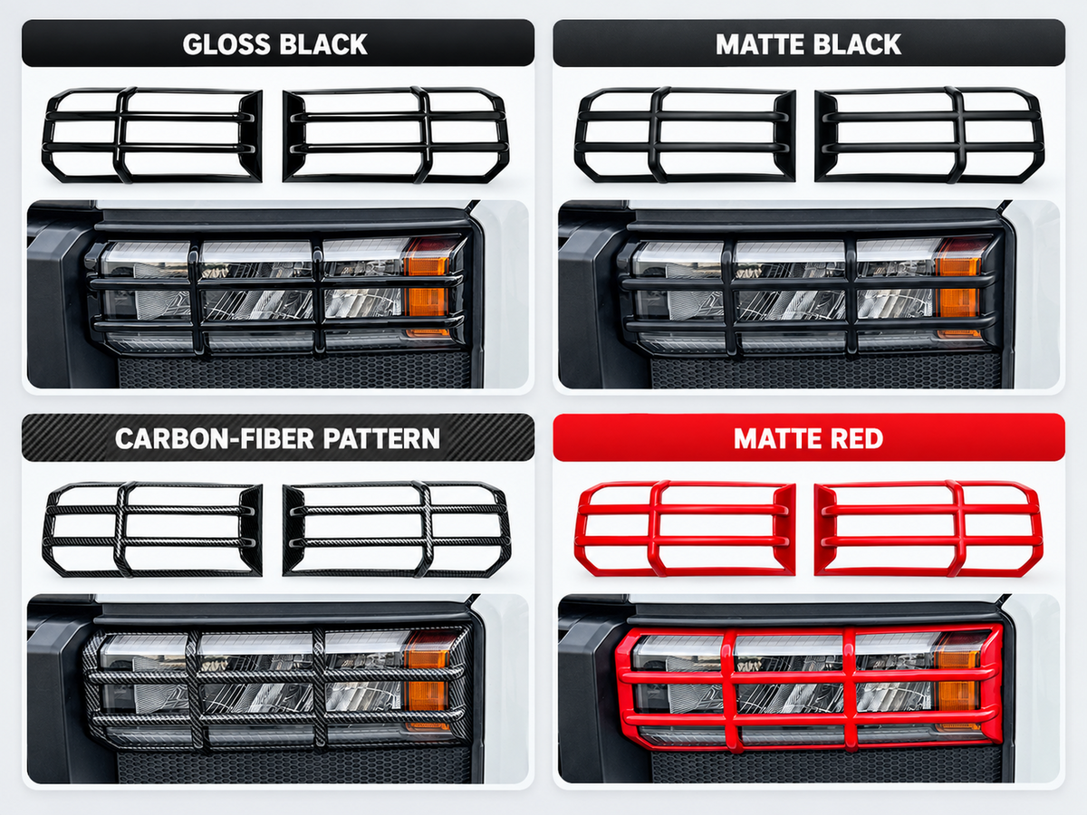 Prado LC250 headlight guard finish comparison with complete gloss black, matte black, carbon pattern, and matte red pairs.