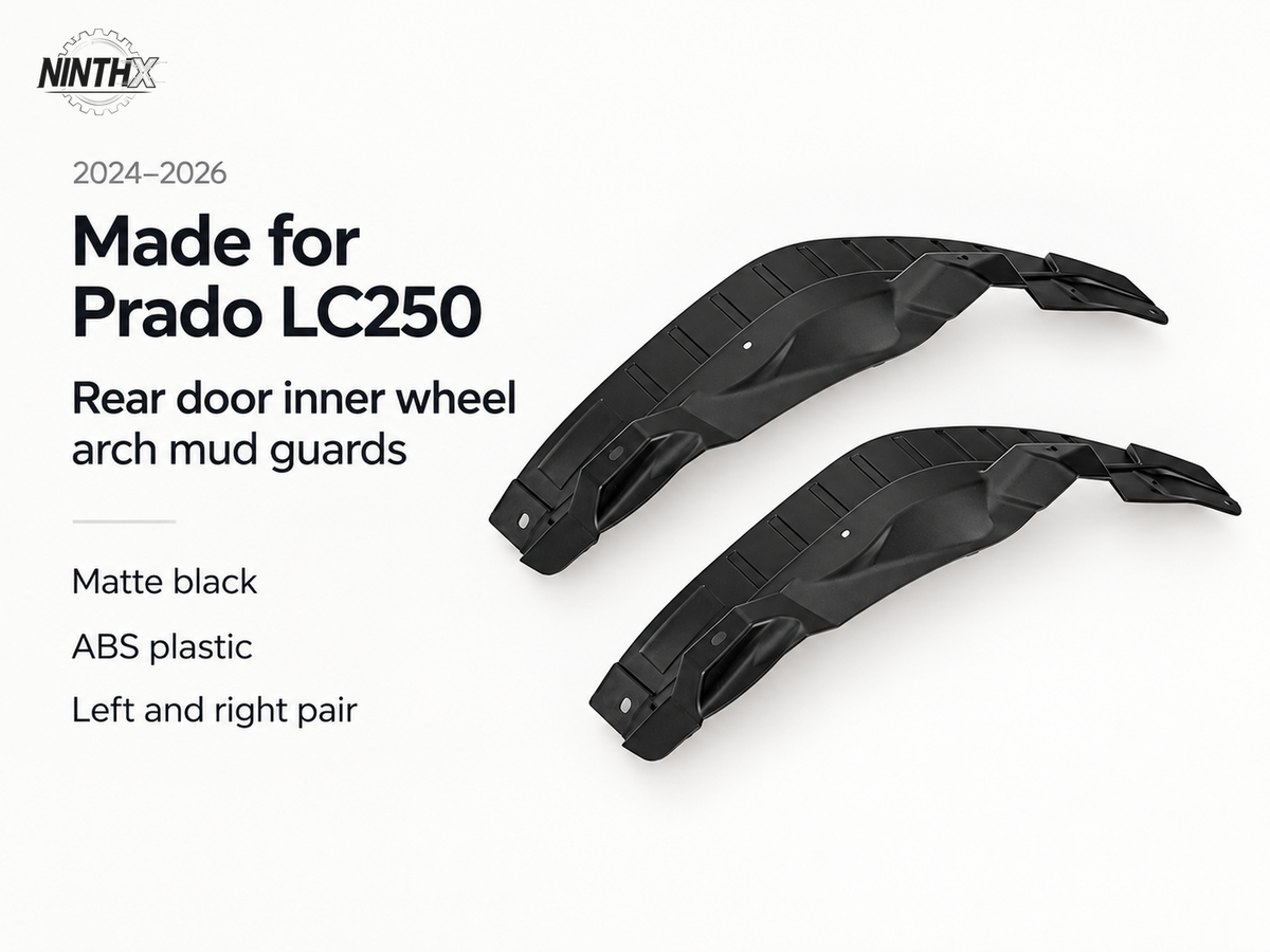 Prado LC250 rear door inner wheel arch mud guards with fitment, ABS material and two-piece contents information.