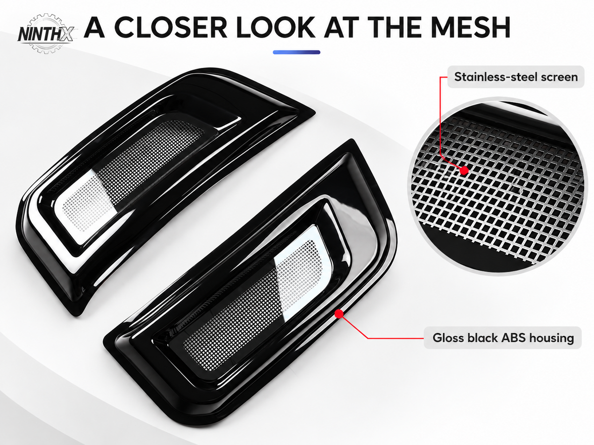 Defender L663 fender air intake bug screen covers with a close-up of the steel mesh and a gloss black ABS housing callout.