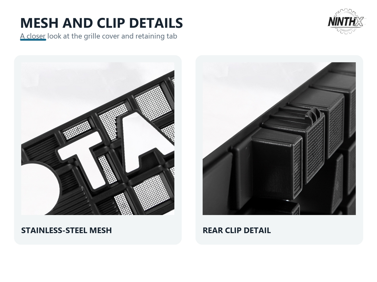 Side-by-side details of stainless-steel grille mesh and a rear retaining clip on the LC250 bug screen.