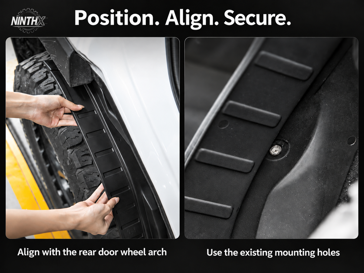 Prado LC250 rear door inner wheel arch mud guard positioned by hand alongside an existing screw mounting close-up.