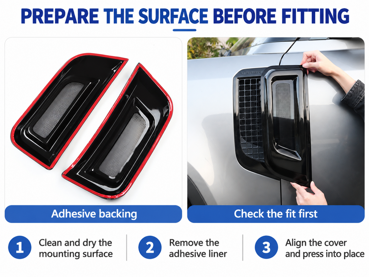 Defender L663 fender air intake bug screen covers showing adhesive backing, trial alignment and fitting instructions.
